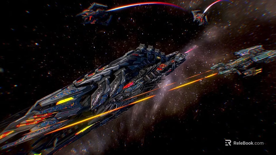 Interstellar Battle Scene With Multiple Spaceships And Laser Beams In Space 3d model 