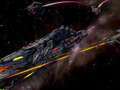 Interstellar Battle Scene With Multiple Spaceships And Laser Beams In Space 3d model