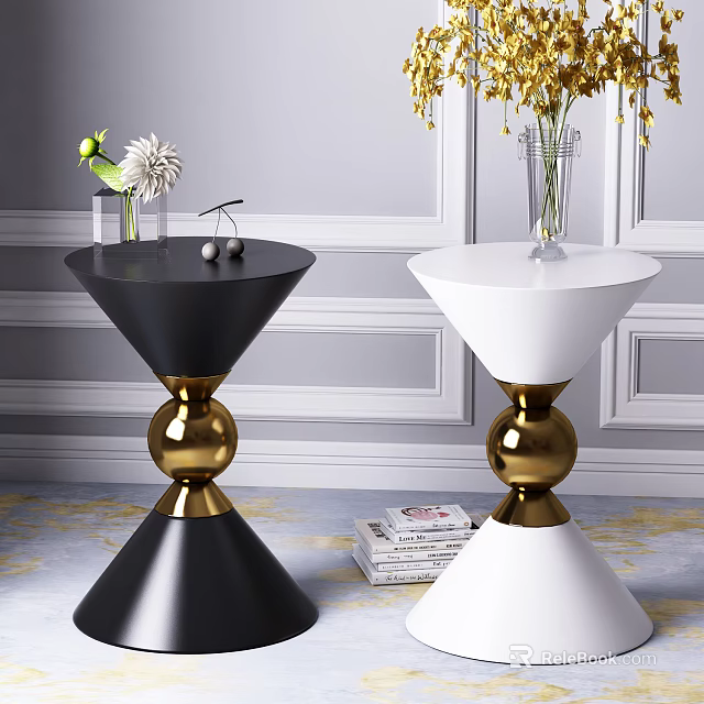 Black And White Round Accent Tables With Gold Ball Base And Decorative Flower Vases 3d model 