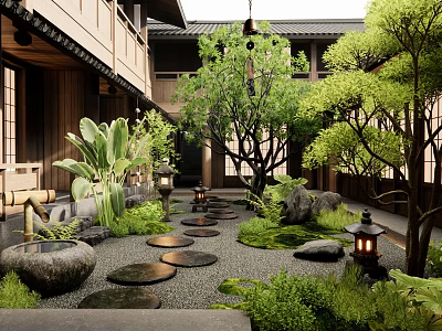 Serene Japanese Courtyard Garden with Stone Stepping Stones Stone Lanterns Lush Green Plants and Trees 3d model