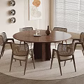 Modern Round Wooden Dining Table Set With Six Rattan Backrest Chairs And Wall Decor