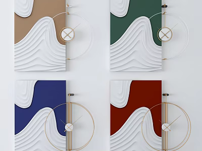 Modern Decorative Wall Clock with White Wavy Design on Brown Green Blue Red Backgrounds 3d model