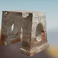Aged Stone Pillar With Two Circular Holes And Red Brick Base 3d model