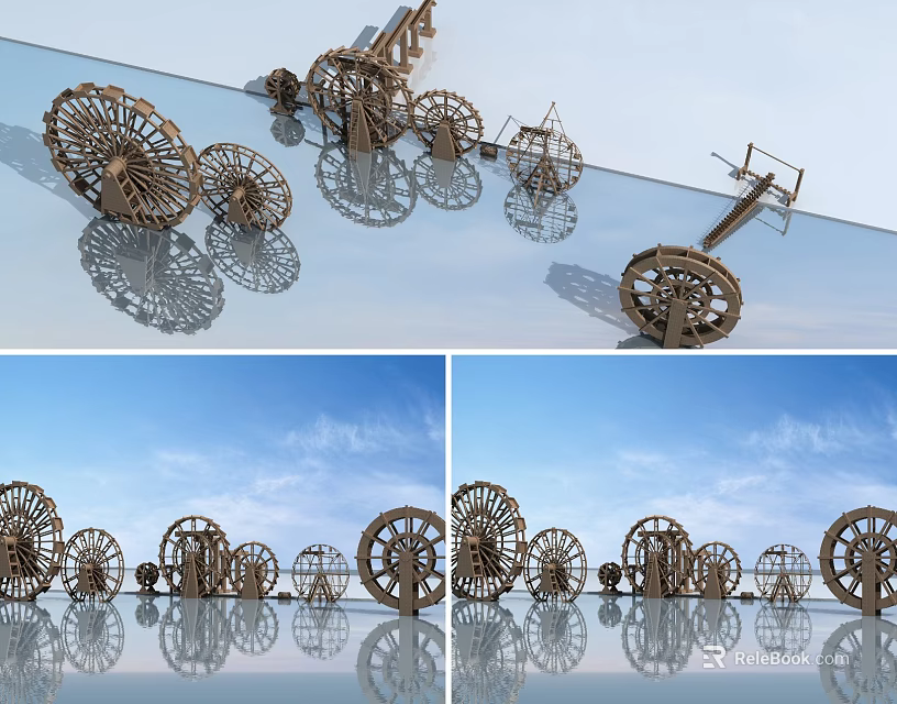 Wooden Garden Ornaments With Multiple Wheel Designs And Water Reflection In Blue Sky 3d model 