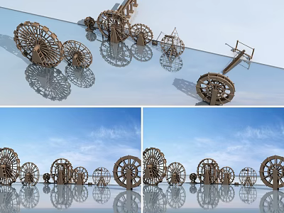 Wooden Garden Ornaments With Multiple Wheel Designs And Water Reflection In Blue Sky 3d model