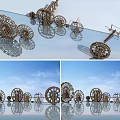Wooden Garden Ornaments With Multiple Wheel Designs And Water Reflection In Blue Sky
