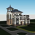 Luxurious Detached Villa With Blue Roof Arched Windows And Garden Pond Landscape