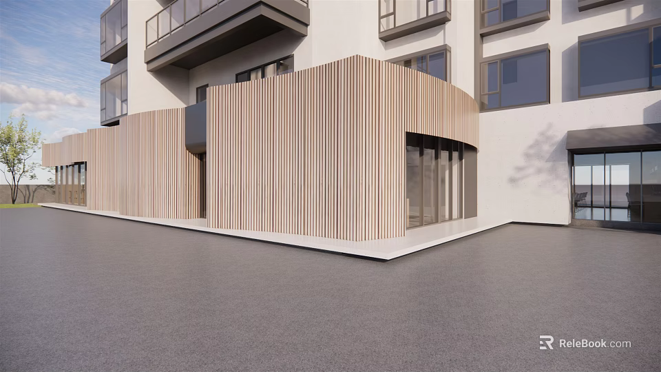 Modern Commercial Storefront Design With Vertical Wooden Slats And Glass Front 3d model 