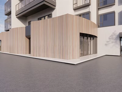 Modern Commercial Storefront Design With Vertical Wooden Slats And Glass Front 3d model