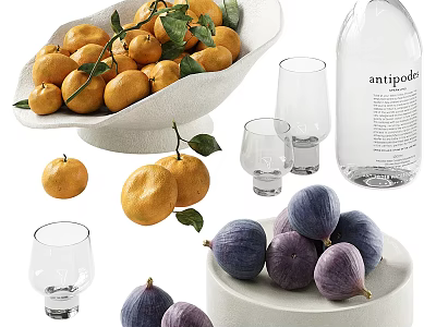 Fresh Oranges and Figs Displayed on Ceramic Plates with Glass Cups and Bottle 3d model