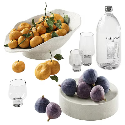 Fresh Oranges and Figs Displayed on Ceramic Plates with Glass Cups and Bottle 3d model