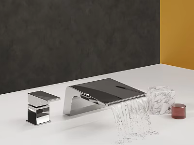 Sleek Modern Chrome Faucet With Waterfall Spout On White Countertop And Marble Accents 3d model