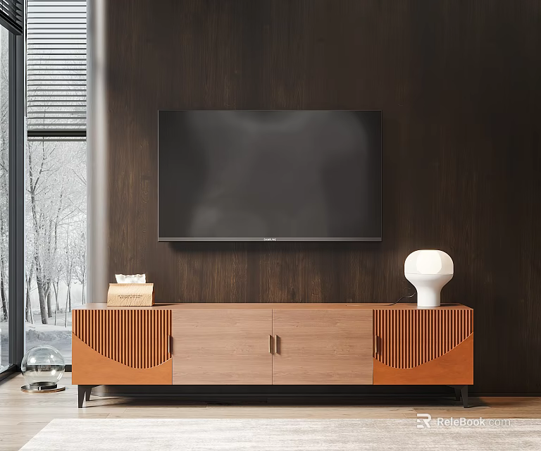 Modern Wooden TV Stand with White Lamp Books and Mounted TV on Dark Wall 3d model 