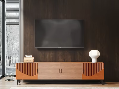 Modern Wooden TV Stand with White Lamp Books and Mounted TV on Dark Wall 3d model