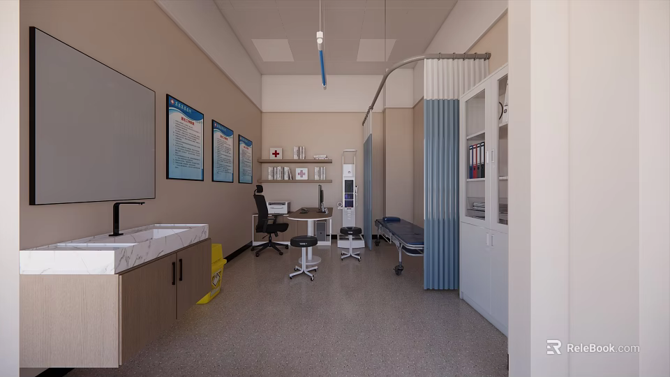 Modern Medical Examination Room With Examination Bed Monitor Cabinets And Wall Charts 3d model 