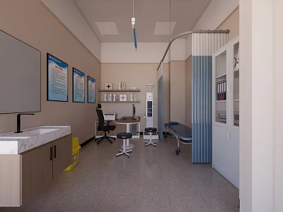 Modern Medical Examination Room With Examination Bed Monitor Cabinets And Wall Charts 3d model