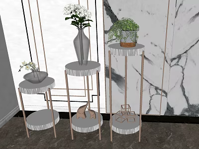 Modern Garden Decorative Plant Stands With Green Plants Vase And Marble Wall Background 3d model