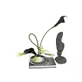 Transparent Glass Vase with White and Dark Purple Calla Lilies and Abstract Sculpture