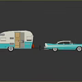 Vintage Blue And White Car Towing Retro Trailer With Reflective Surface