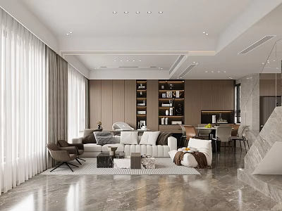 Modern Living Dining Room Interior With Open Layout Sofa Chairs Curtains And Marble Floor 3d model