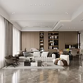 Modern Living Dining Room Interior With Open Layout Sofa Chairs Curtains And Marble Floor