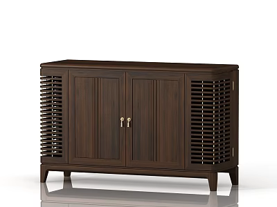 Modern Dark Wood Sideboard With Double Doors Vertical Stripes And Louvered Side Panels 3d model