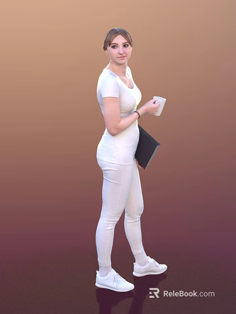 Woman in White Outfit Holding White Cup and Black Folder Against Gradient Background 3d model 