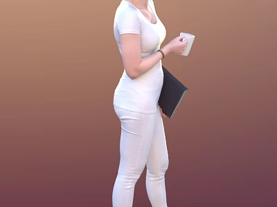 Woman in White Outfit Holding White Cup and Black Folder Against Gradient Background 3d model