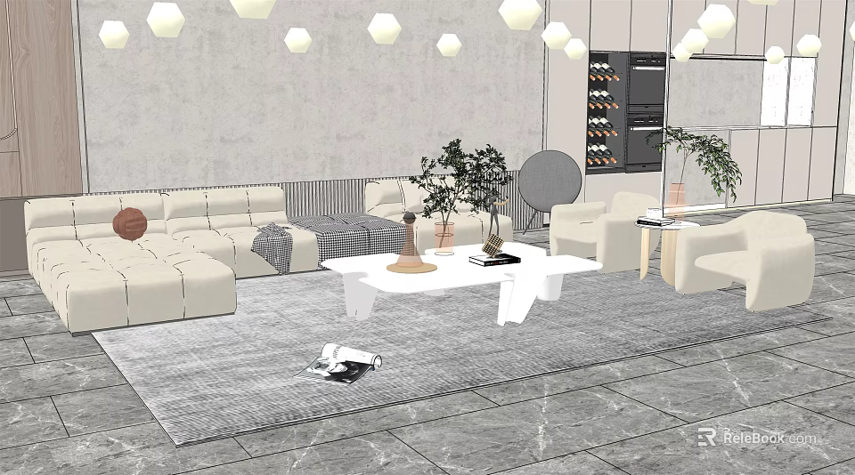 Sofa and Coffee Table Set in Modern Interior with Gray Rug Decorative Plants and Lighting 3d model 