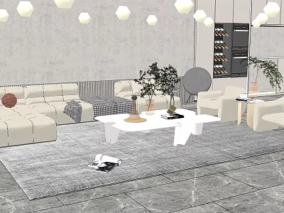 Sofa and Coffee Table Set in Modern Interior with Gray Rug Decorative Plants and Lighting 3d model