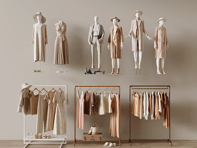 Soft Colored Clothes on Mannequins and Racks with Dresses Coats and Accessories 3d model