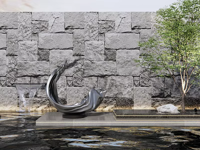 Flowing Metal Sculpture With Curved Design By Stone Wall Water And Tree 3d model