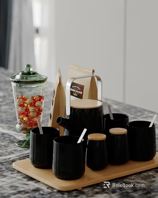 Glass Jar With Red Candies Paper Coffee Bag And Black Mugs With Wooden Lids 3d model 