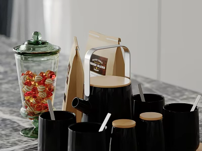 Glass Jar With Red Candies Paper Coffee Bag And Black Mugs With Wooden Lids 3d model