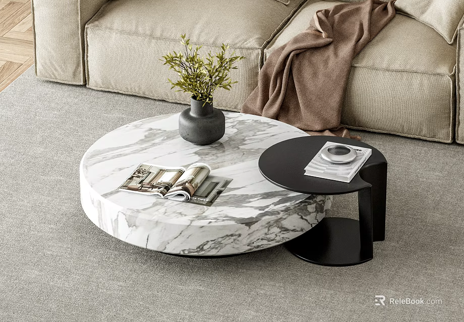 Modern Round Marble Coffee Table With Black Side Table Vase And Magazines 3d model