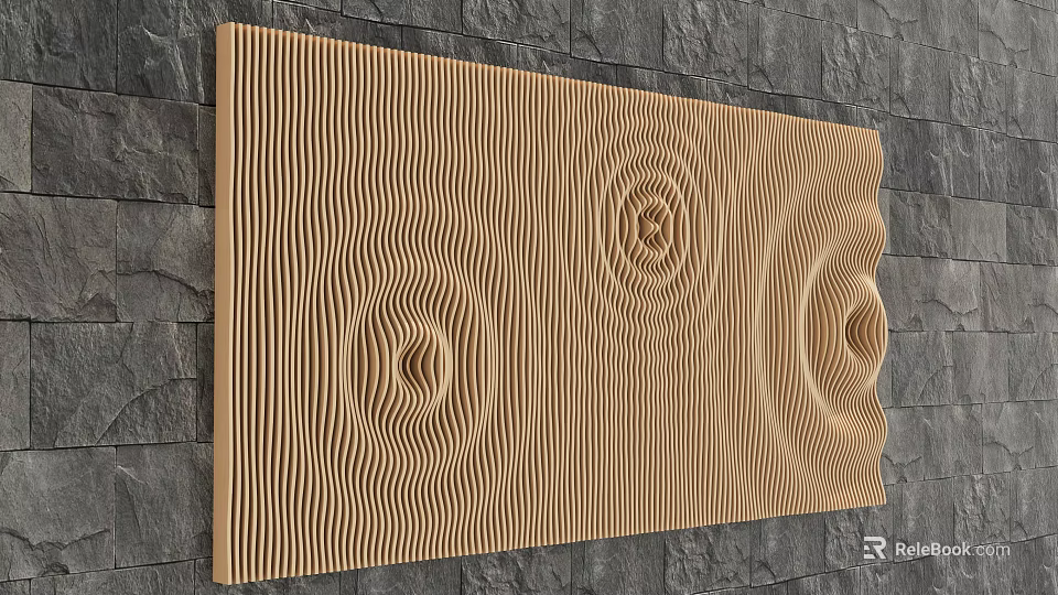 Wooden Wall Decorative Component With Wave And Spiral Patterns Mounted On Stone Wall 3d model