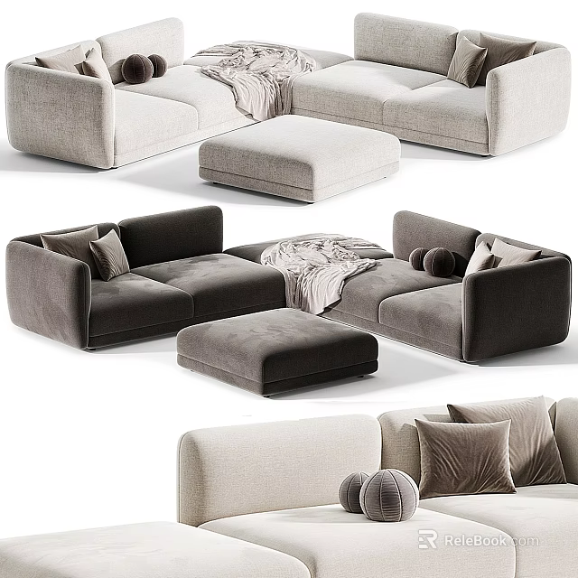 Light And Dark Gray Sectional Sofa With Ottoman Decorative Pillows And Throw Blanket 3d model