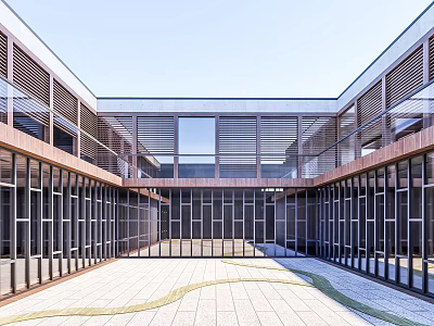 Modern Architecture Courtyard Design With Glass Curtain Walls And Wooden Structures 3d model