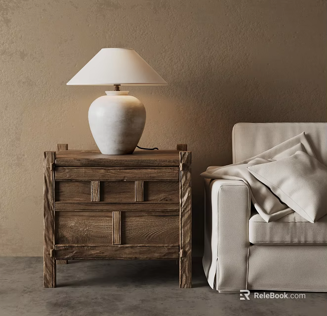 Wooden Console Cabinet Sideboard With White Table Lamp And Beige Sofa Blanket 3d model 