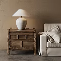 Wooden Console Cabinet Sideboard With White Table Lamp And Beige Sofa Blanket