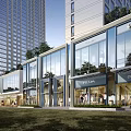 Modern Commercial Street Entrance With Glass Facade Buildings And Central Fountain Area