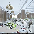 Elegant Banquet Hall Interior With Chandeliers Wooden Walls White Chairs And Flower Arrangements