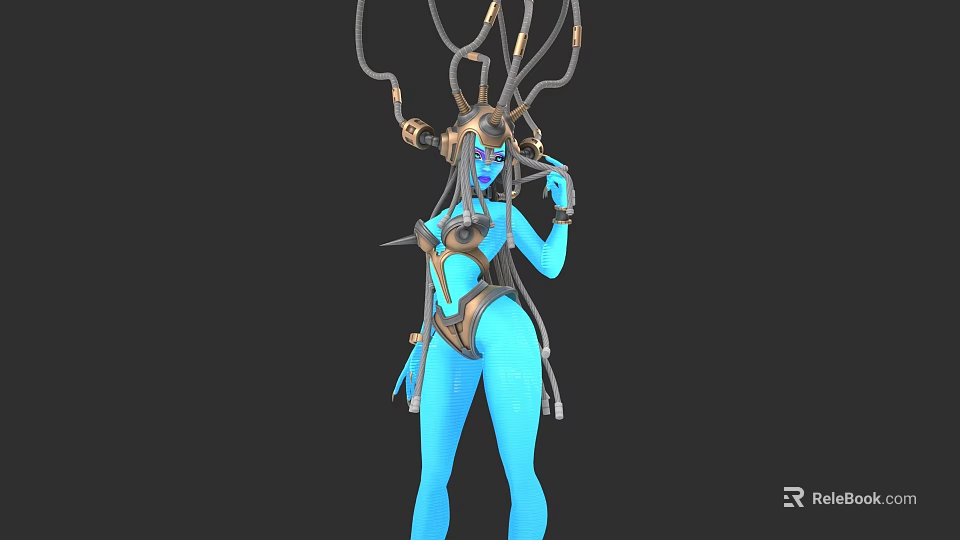 Blue Skinned Woman with Tentacle Like Hair and Gold Accents in Elaborate Decorative Outfit 3d model 