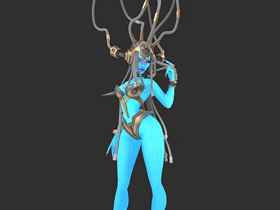 Blue Skinned Woman with Tentacle Like Hair and Gold Accents in Elaborate Decorative Outfit 3d model