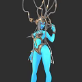 Blue Skinned Woman with Tentacle Like Hair and Gold Accents in Elaborate Decorative Outfit