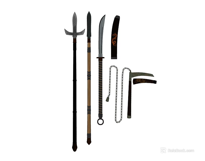 Different Types of Traditional Weapons Featuring Spear Sword Knife Chain And Handheld Tools 3d model 