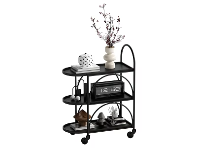 Black Multi Tier Storage Shelf Cart With Wheels And Decorative Items 3d model
