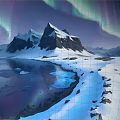 Scenic Snowy Mountain Landscape With Aurora Lights Glaciers And Frozen Lake