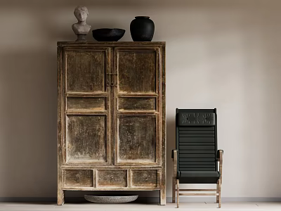 Vintage Wooden Decorative Cabinet with Sculpture Vase and Bowl on Top and Black Director Chair Beside 3d model