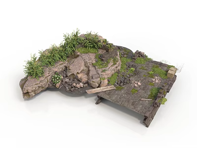 Modern Natural Landscape Design Featuring Rocks Green Plants Moss And Wooden Planks 3d model